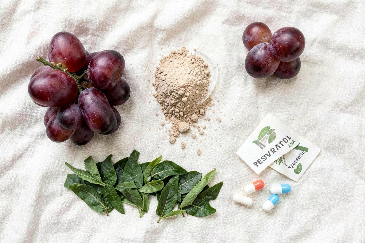 Natural NAD boosting ingredients including grapes, resveratrol powder and green tea leaves