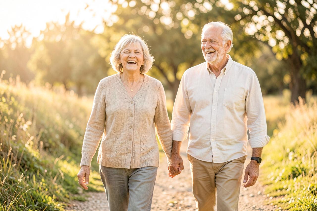 Older couple walking outdoors with energy in morning light